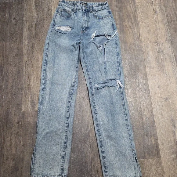 Nasty Gal Mom Jeans Women's Size 8 Distressed Slit Ankle Light Wash Relaxed - Picture 1 of 10